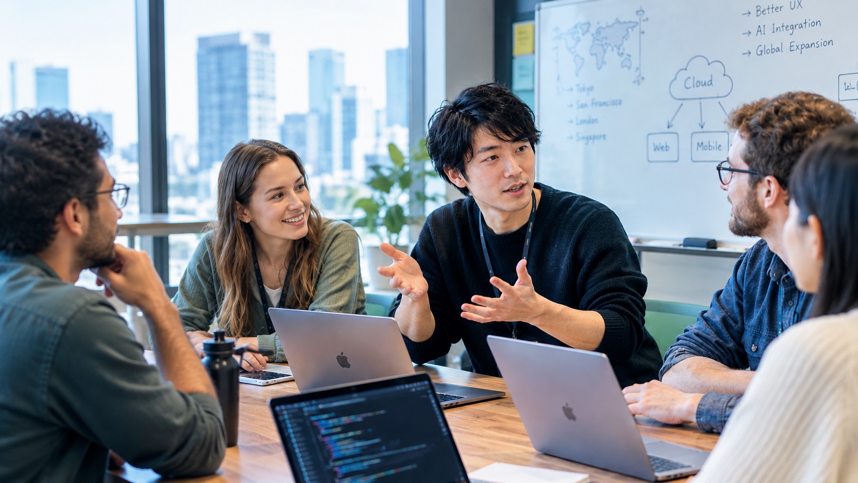 海外の同僚と英語でミーティングをするビジネスパーソン